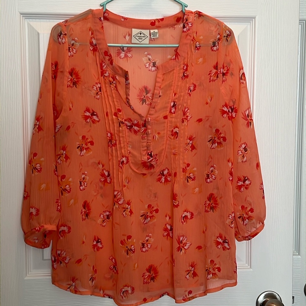 St. John’s Bay Sheer Orange Floral Blouse EUC